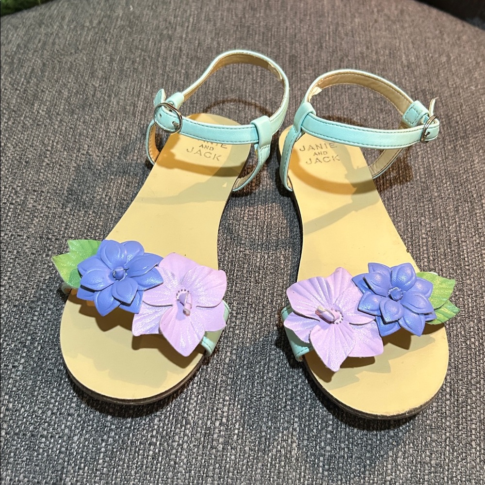 Janie and Jack Sandals with Purple and Blue Flowers, Girls Size 13